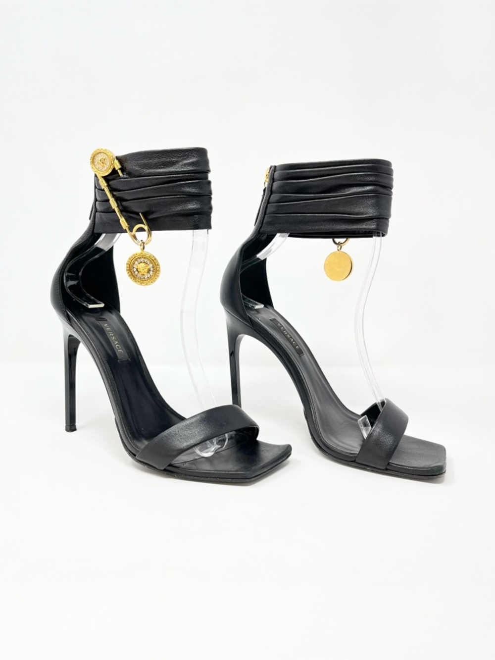 Versace Crystal La Medusa Safety‎ Pin Sandals High Heels Shoes Black Gold 37 7